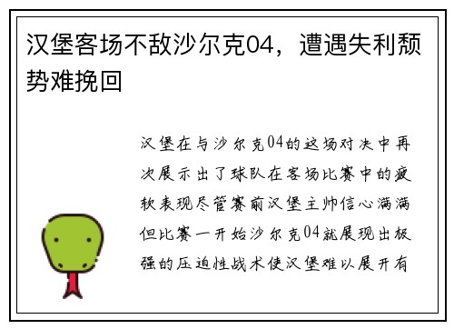 汉堡客场不敌沙尔克04，遭遇失利颓势难挽回